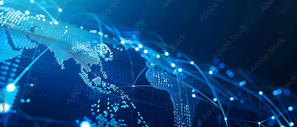 Poster Abstract digital world map on blue background with binary code and global network connection technology concept, data transfer and cyber security in the cyberspace