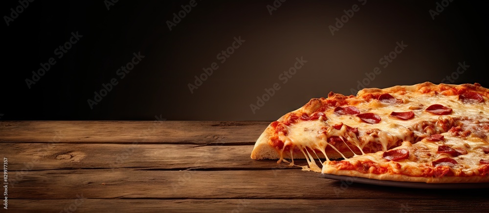 Poster Delicious slice of pizza on a wooden table with copy space image