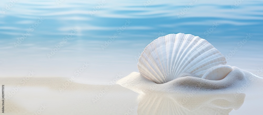 Poster A partially buried calcified seashell dried and weathered rests in the pristine white sand of the beach Tidal ripples add to the beauty of the scene creating a serene copy space image