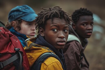 Group of diverse young boys with backpacks on an outdoor adventure