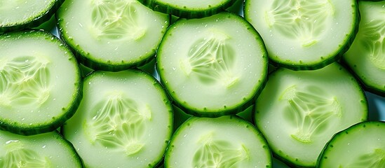 A detailed image showing slices of cucumber in a close up composition with ample empty space for text or other elements