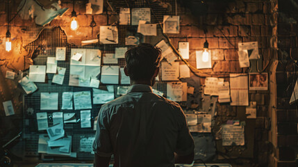 Back view of senior detective standing by evidence board and studying leads in investigation