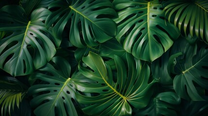 closeup nature view of green leaf and palms background. Flat lay, dark nature concept, tropical leaf.