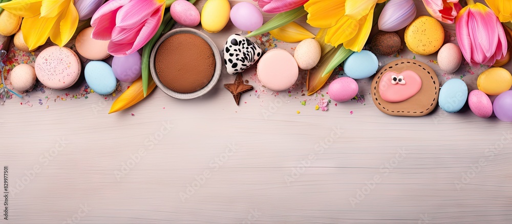 Leinwandbilder a colorful easter table with sweets pastry and gingerbread cookies the heart shaped decor plate is a
