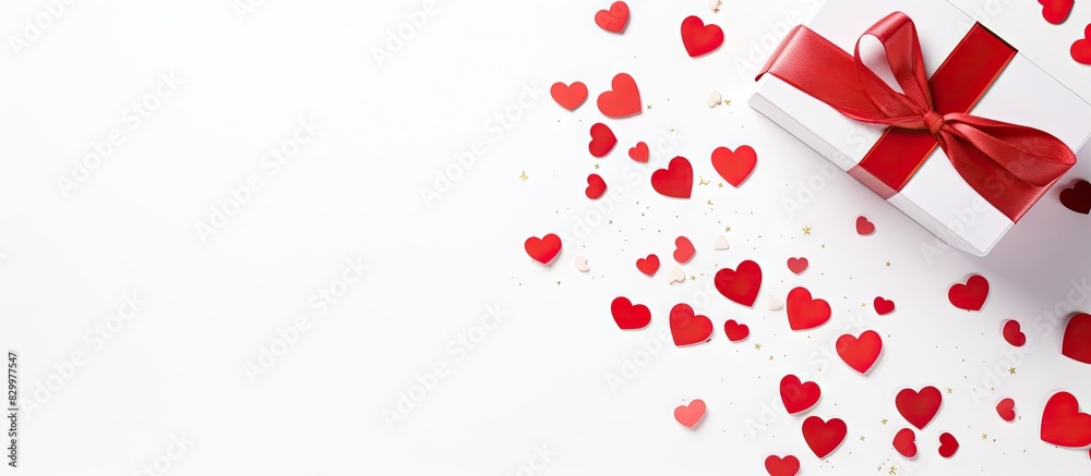 Poster top view of a gift box on a white background creates a festive st valentine s day concept there is a