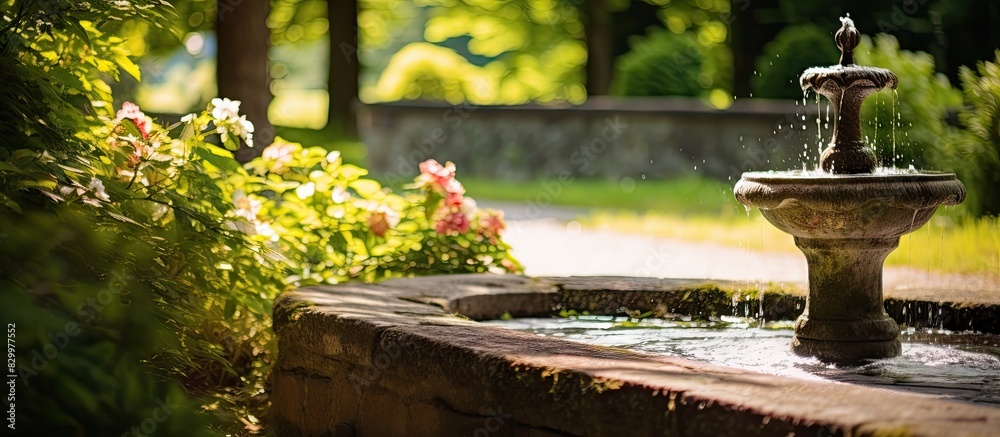 Poster in the garden there is a charming spring water fountain providing a picturesque view with ample copy