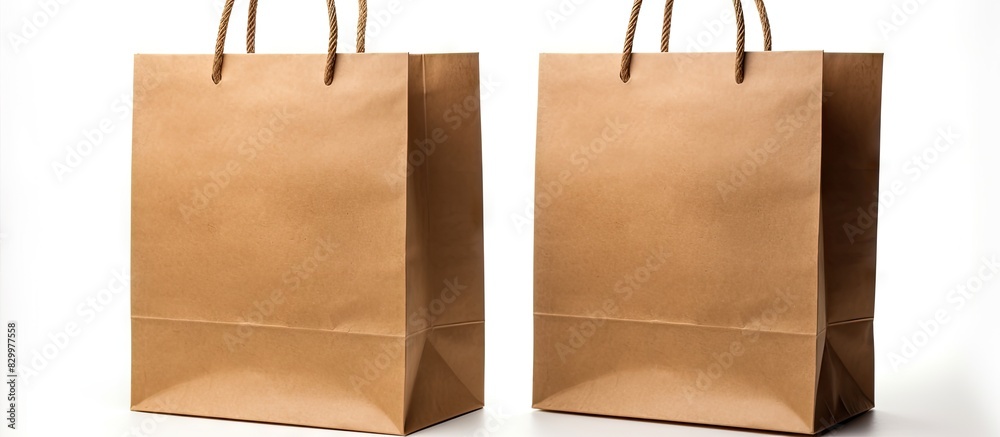 Poster an isolated white background showcases two identical brown paper bags with ample space for text or i
