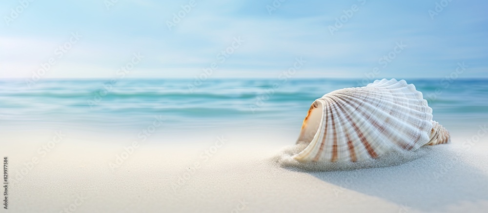 Poster A partially buried calcified seashell dried and weathered rests in the pristine white sand of the beach Tidal ripples add to the beauty of the scene creating a serene copy space image