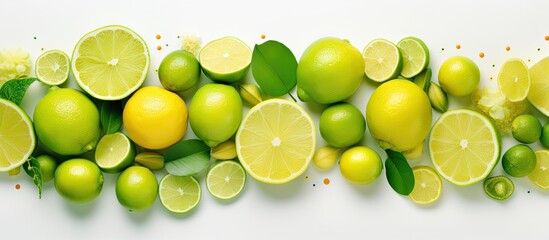 A picture of a letter C formed by limes with leaves on a white background showcasing their high...