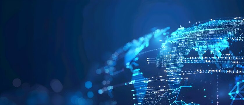 Abstract digital world map on blue background with binary code and global network connection technology concept, data transfer and cyber security in the cyberspace