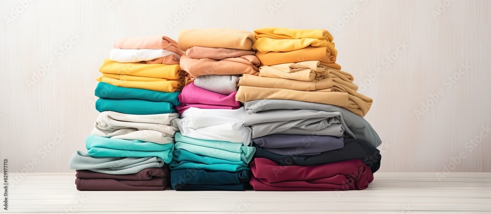Poster a pile of colorful cotton clothes neatly folded on a white table with an empty copy space for placem