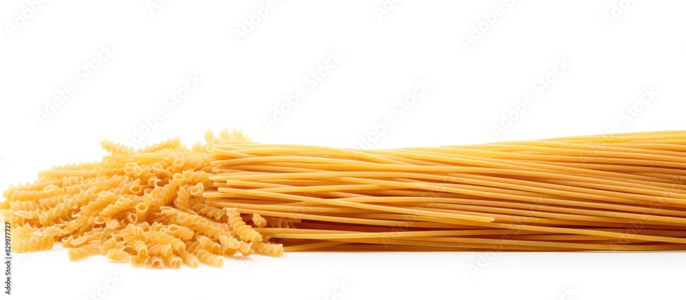 Aufkleber close up of durum wheat spaghetti on isolated white background providing ample copy space for text