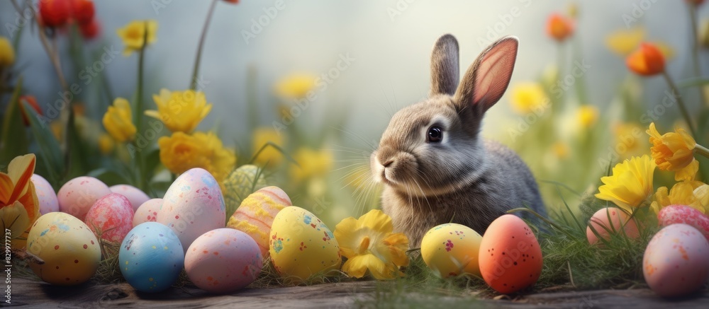 Poster easter bunny with eggs and flowers a traditional holiday symbol. with copy space image. place for ad
