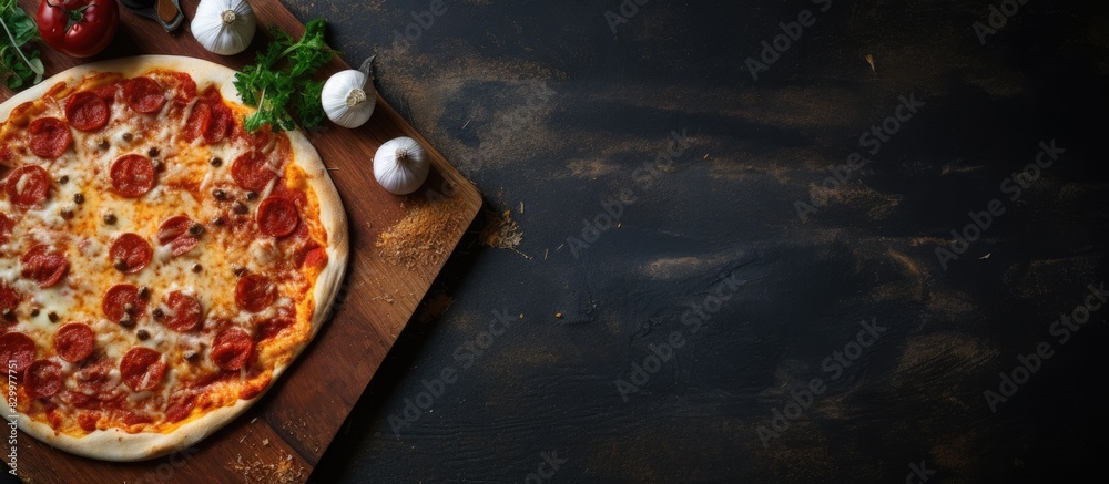 Aufkleber A pizza cutting board and cloth napkin are seen on a stone table surface This image depicts a food recipe concept against a textured background with ample copy space The view is from the top giving a