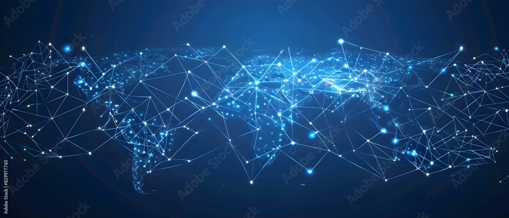 Poster Abstract digital world map on blue background with binary code and global network connection technology concept, data transfer and cyber security in the cyberspace