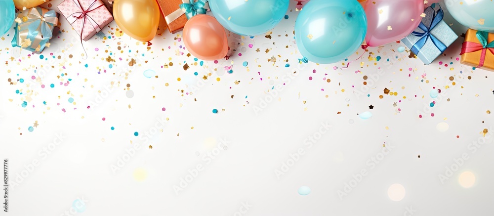 Poster a festive birthday party setup with vibrant balloons gifts hats confetti candy and streamers present