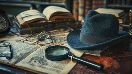 Investigation magnifying glass in hat background wallpaper crime scene