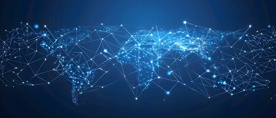 Abstract digital world map on blue background with binary code and global network connection technology concept, data transfer and cyber security in the cyberspace