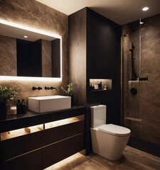 Modern Black Marble Bathroom with Wooden Accents and Glass Shower Enclosure