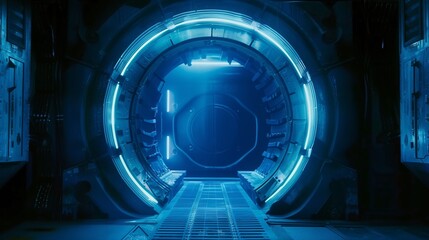 Obraz premium Glowing Blue Doorway to a Futuristic Space Station.