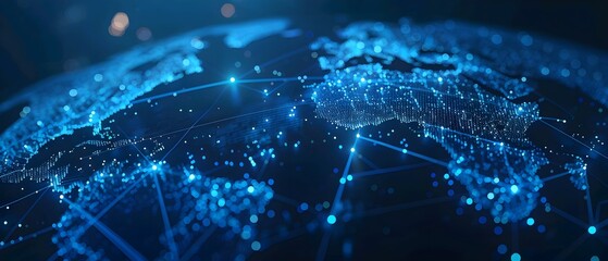 Abstract digital world map on blue background with binary code and global network connection technology concept, data transfer and cyber security in the cyberspace