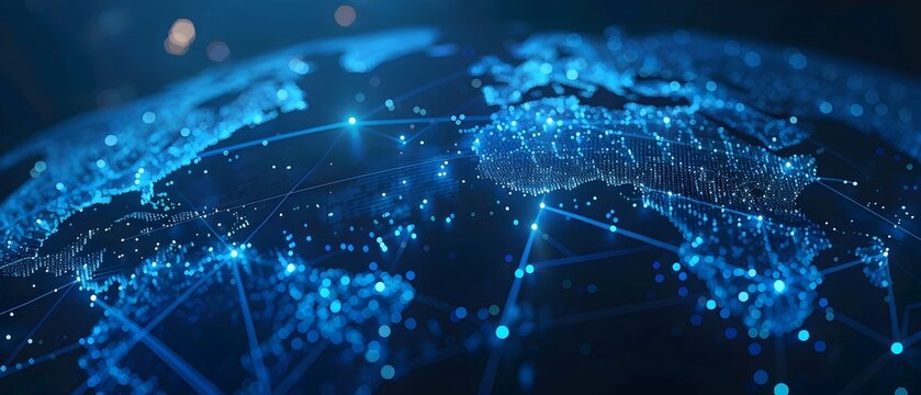 Fototapeta Abstract digital world map on blue background with binary code and global network connection technology concept, data transfer and cyber security in the cyberspace