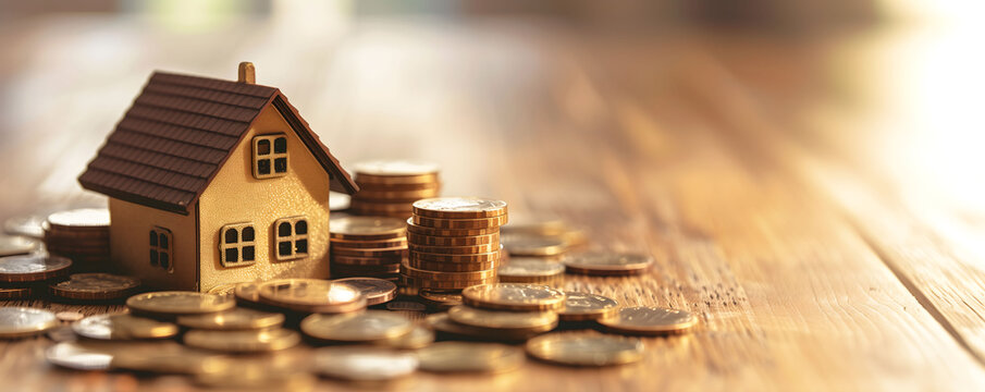 Model of a country house and money on a wooden table. concept of buying, selling or renting real estate. Mocha Mousse - color of the year 2025 