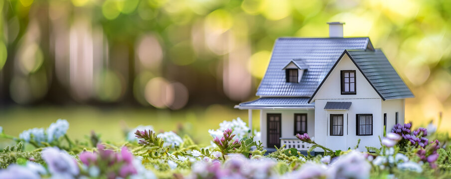 Model of a beautiful country house on a summer sunny meadow. concept of buying, selling or renting real estate