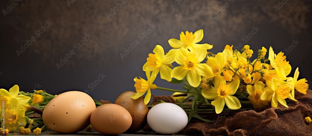 Poster a copy space image depicting the essence of spring and easter featuring a delightful arrangement of 