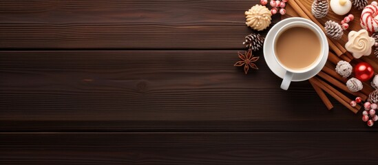 A festive mood is evoked by a top view of a high quality photo showing a hot beverage adorned with marshmallows and caramel cone sticks in a close up copy space image