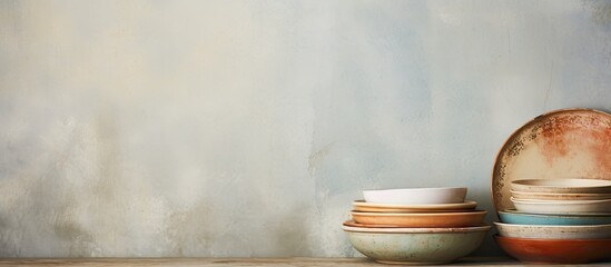 Close up of vintage porcelain dishes on a concrete background creating a visually appealing copy space image for text or food photography props