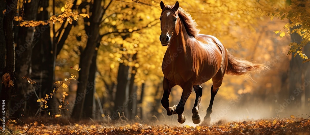 Poster autumnal scene showcasing a chestnut horse gracefully galloping in the open air against a backdrop o