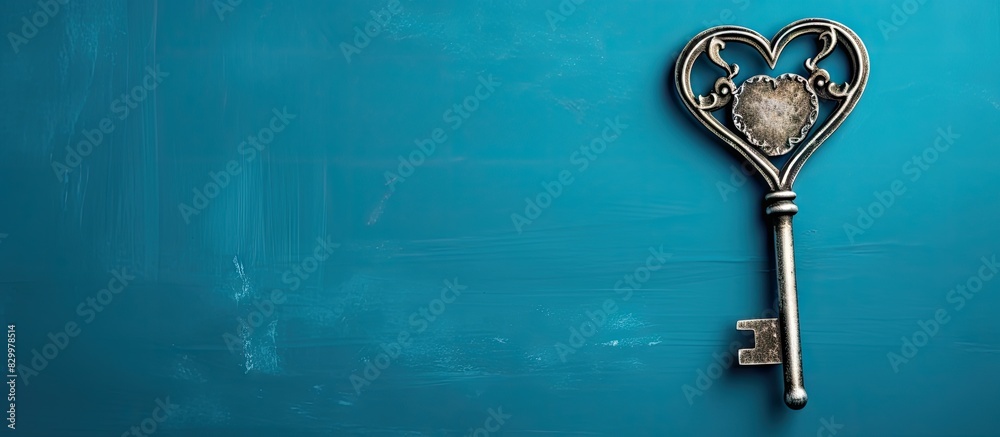 Poster the dreamy blue background showcases a heart shaped keyhole alongside a silver toned skeleton key th