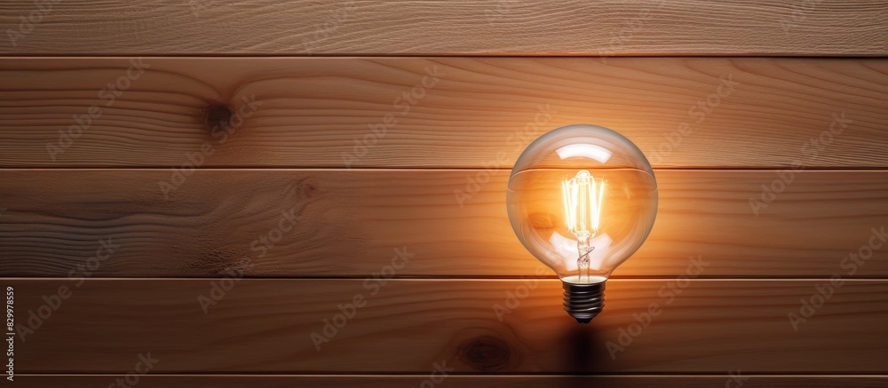 Poster a led light bulb is seen from a top view against a wooden background providing plenty of space for a