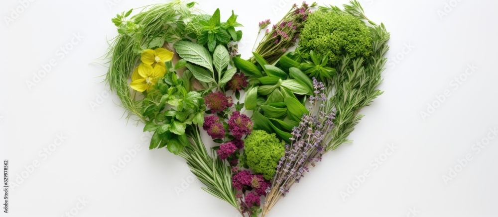 Poster copy space image of a heart shaped arrangement of herbs set against a crisp white backdrop