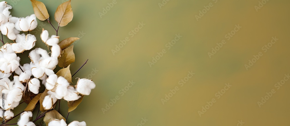 Poster The autumn floral flat lay background showcases a top view of a dried white fluffy cotton flower branch with a green leaf on a colored table creating a beautiful composition with copy space