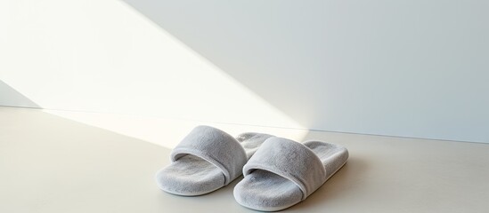 Copy space image featuring a pair of soft slippers resting on a light grey background The slippers are laid out flat and there is room for adding text - Powered by Adobe