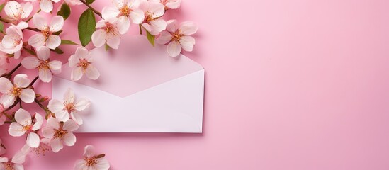 Copy space image of delicate blossoms of an Apple tree enclosed in a pink paper envelope resting on a pink and white background Top view flat lay
