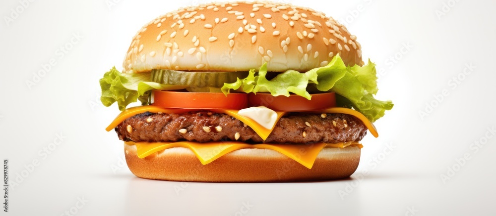 Poster close up copy space image of a hamburger or cheeseburger on a white isolated background featuring a 