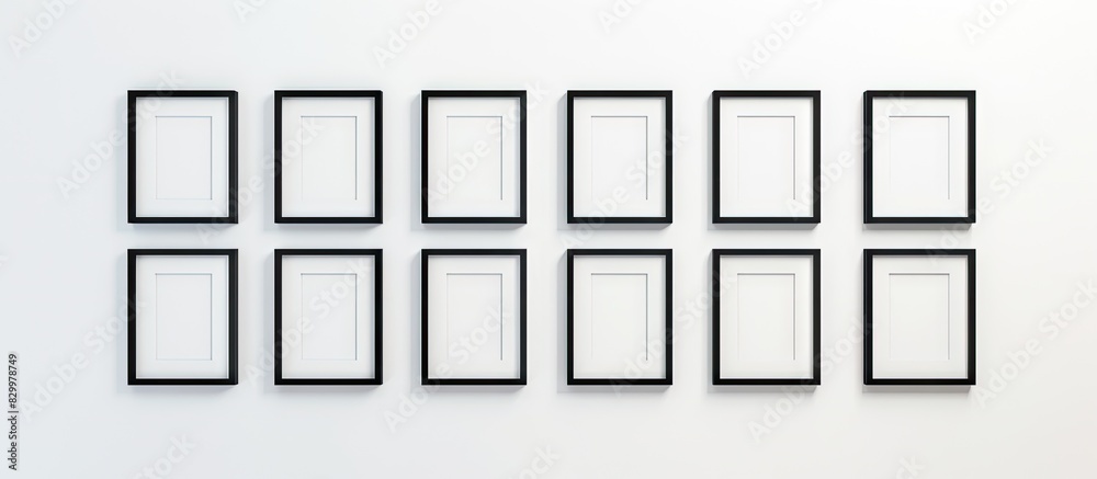 Fototapete A collection of photo frames mockups consisting of white square pictures with black frames displayed on a white wall with ample space for adding images