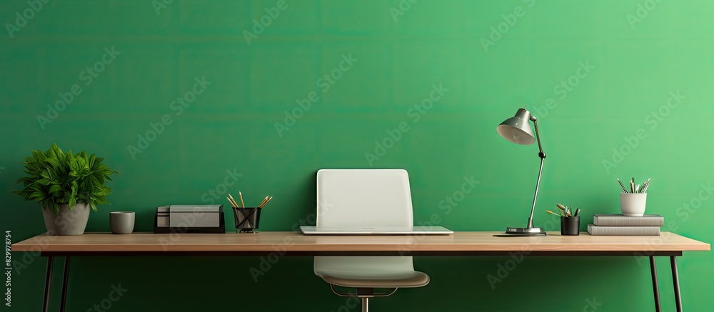 Poster Copy space image of a home office workplace with a green wall and a chroma key computer screen on the desk