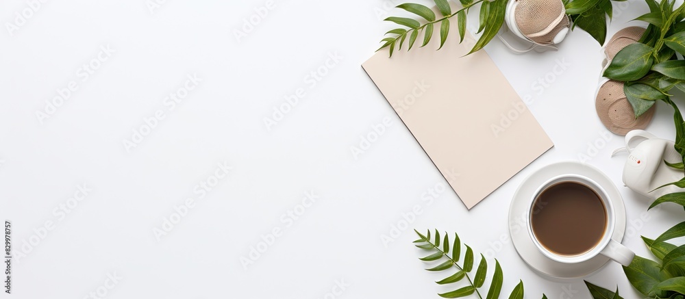 Aufkleber A lifestyle flat lay showcasing a round composition with a cell phone a cup of coffee a notepad and plants creating a visually appealing copy space image