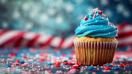 USA flag color card for Washington's birthday, with a cupcake for celebrations, space for text.