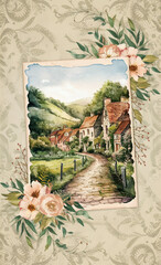 Floral junk journal page with a rustic countryside view. Watercolor styled scrapbook paper background.