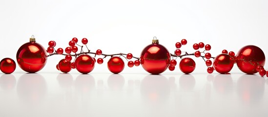 Obraz premium A festive branch adorned with Christmas baubles set against a white background creates an ideal copy space image