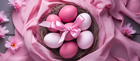 Top view of pink Easter eggs in a nest adorned with a red ribbon bow A copy space image with a beautiful background