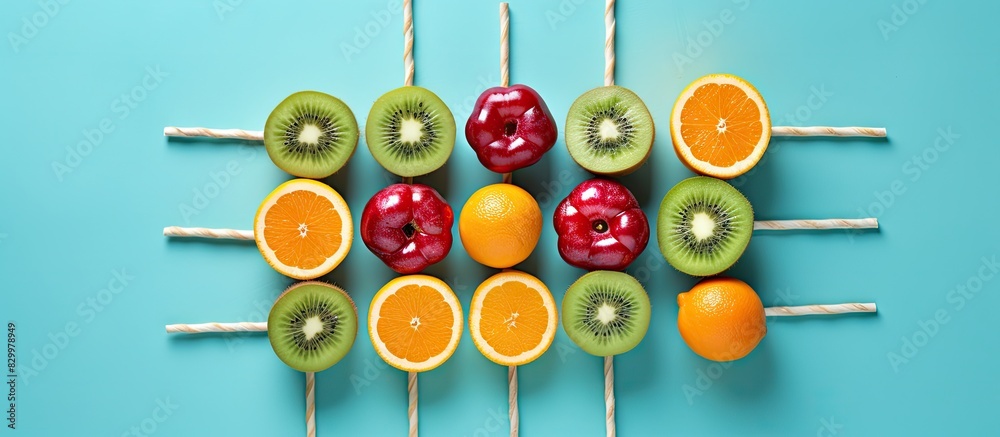 Aufkleber A fruity tic tac toe game arranged on a blue background promoting the idea of healthy eating The image features fruits and straws with a flat lay composition. with copy space image