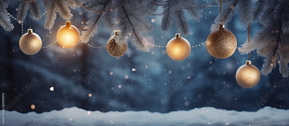 Aufkleber A festive scene with Christmas decorations displayed against a backdrop of lush fir branches creating a captivating copy space image