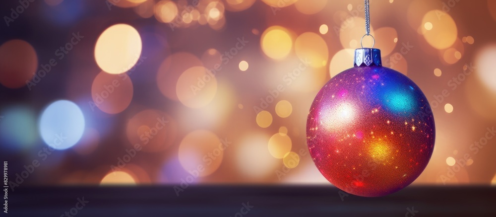 Poster A Christmas ball hangs on a mesmerizing background composed of blurred Bokeh lights. with copy space image. Place for adding text or design
