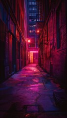 Fototapeta premium Enigmatic Neon Alley at Night - Surreal Urban Scene for Cinematic Design, Posters, or Prints